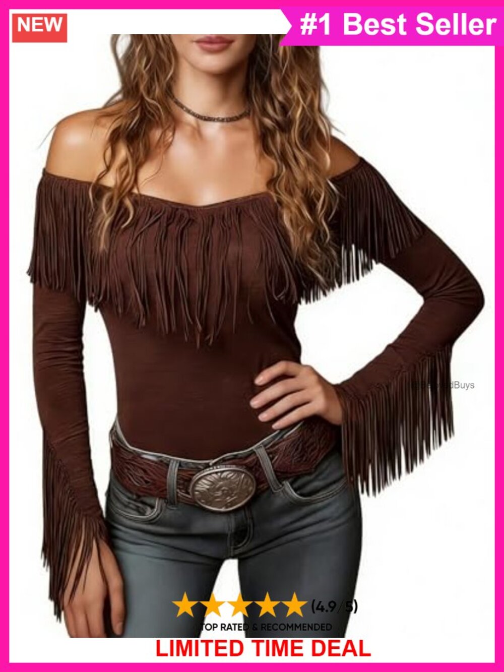 Women Off Shoulder Fringe Western Cowgirl Blouse Long Sleeve Tassel Top